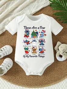 Newborn Baby Romper - Unisex - Disney Stitch Alphabet Cartoon Print - Walking And Crawling Set - Summer Outdoor Casual Crew Neck Walking Set With Triangular Bottom - Summer's Top Choice - Fun - Adorable - The Perfect Holiday Gift For Infants And Toddlers - 白色 - 查看 1