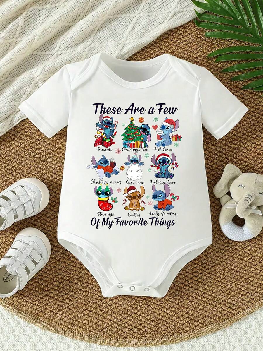 Newborn Baby Romper - Unisex - Disney Stitch Alphabet Cartoon Print - Walking And Crawling Set - Summer Outdoor Casual Crew Neck Walking Set With Triangular Bottom - Summer's Top Choice - Fun - Adorable - The Perfect Holiday Gift For Infants And Toddlers - 白色 - 查看 1