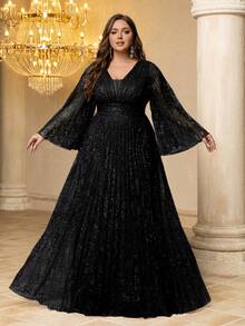 UNITHORSE [Họa tiết ngẫu nhiên] Đầm dạ hội dài tay cổ chữ V ôm sát, xếp ly, chất liệu lưới, dành cho nữ cỡ lớn, thích hợp dự tiệc cưới mùa xuân, màu đen - màu đen - Xem 4