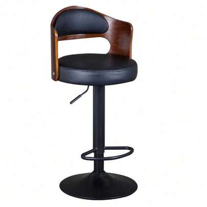 1x Bar Stool Kitchen Swivel Chair Wooden Leather Gas Lift Black Breakfast Chair