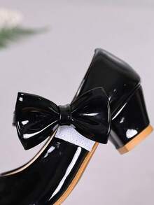 1 Pair Black Girls' Retro Mid Heel Mary Jane Shoes, Children's Patent Leather Shiny Bow Ankle Strap With Side Decoration, Suitable For Parties, Daily Wear, Piano Performances, Student Dresses - Black - View 7