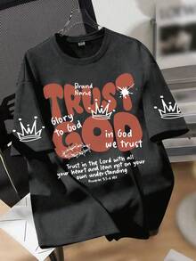 1 Piece Vintage Unique Teen T-Shirt For Boys, Crown Graphic Top, Spring & Summer Casual Outdoor Wear - Dark Grey - View 1