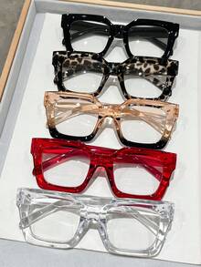 5pcs Men's Square Frame Transparent Lightweight Reading Glasses, Suitable For Daily Reading, Eye Protection, And Fashion Accessories - 5pcs 黑透明豹紋香檳紅 - 查看 4