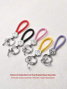1个镶钻猫爪编织钥匙扣，金属钥匙链配件，包包挂饰吊坠 - 彩色 - 查看 1
