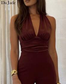 Women's V-Neck Sexy Halter Bodysuit - Burgundy - View 6