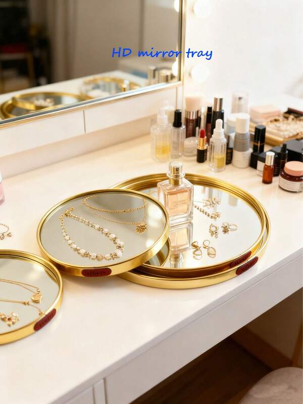 1 Nordic Light Luxury Glass Mirror Surface Round Gold Storage Tray (S, M, L Three Sizes Available), Aluminum Alloy And Glass Material - Multi-Functional Storage Rack, Large Capacity Exquisite Display Tray, Jewelry Tray, Beauty Makeup Storage Box, Aromatherapy, Candle Tray, Decorative Tray, Suitable For Bathroom, Dressing Table, Living Room, Jewelry Tray Storage , Makeup Room Decor,Room Decor
