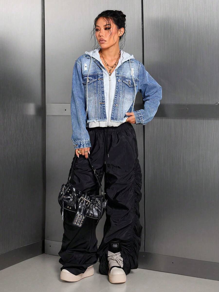 翻盖口袋抽绳连帽二合一牛仔外套休闲款 - 中等水洗藍 - 查看 1