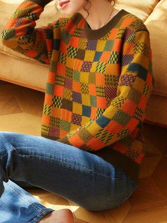 Knit Mix Elegant Women's Fashion Plaid Knit Sweater, Loose Fit Crew Neck Long Sleeve Pullover For Christmas, Thanksgiving, New Year, Casual, Random Pattern Design, Back To School Season, Autumn/Winter