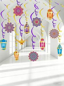 12pcs Ramadan Decorations, Arabian Nights Theme Party Decor, Eid Hanging Spiral Decor, Ceiling Foil Party Decor, Moroccan Princess Birthday Supplies, 1pc/12pcs Set - Multicolor - View 1