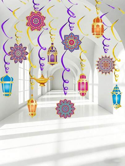 12pcs Ramadan Decorations, Arabian Nights Theme Party Decor, Eid Hanging Spiral Decor, Ceiling Foil Party Decor, Moroccan Princess Birthday Supplies, 1pc/12pcs Set
