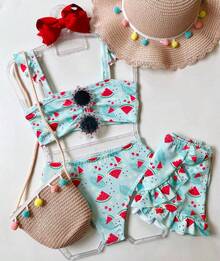 Biquíni infantil estampado 3 peças TAM 4 ao 12 - Verde - Visão 1