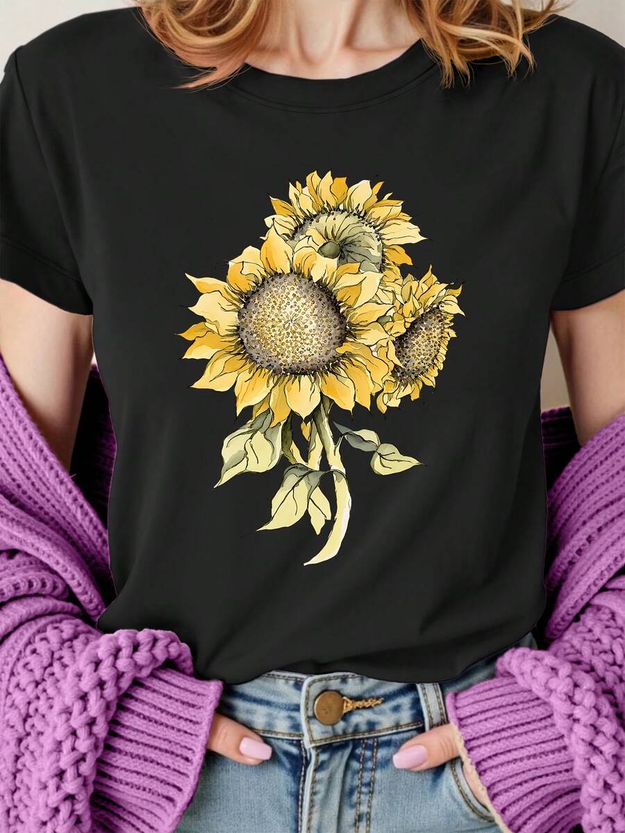 Women's Floral Print T-Shirt - White With Yellow Sunflowers - Soft Everyday Casual Top - Sizes - Machine Washable Everyday & Special Occasion Blouse, Ladies T Shirts, Versatile Fashion, Nontransparent Material - Black - View 1