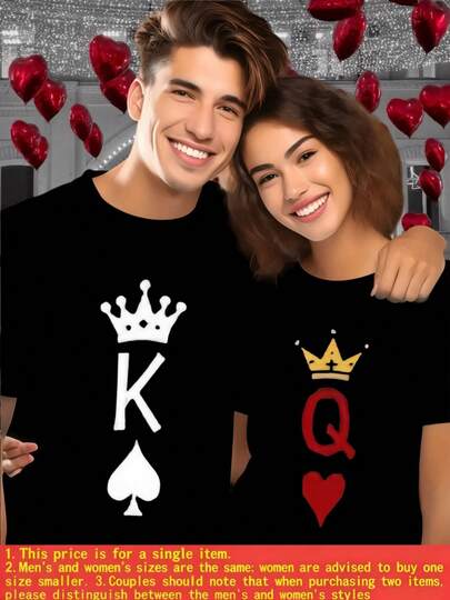 King And Queen Of Hearts Couple Pajamas Tshirt Gifts For Her/His 100% Cotton Unisex Valentine's Day T Shirt 1pcs For Lovers, Featuring Crowned Card Suit Symbols.