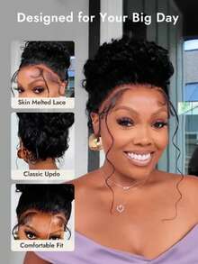 Hidden Strap 360 Full Lace Front Wigs Human Hair 250 Density Invisible Strap Deep Wave Lace Front Wigs Human Hair Pre Plucked Bleached Konts Deep Wave HD Lace Frontal Wig With Drawstring Natural Hairline 360 Glueless Curly Human Hair Wigs With Baby Hair - Natural Black - View 5