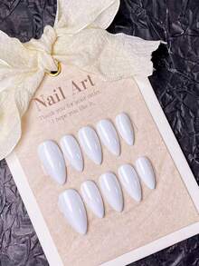 Bộ 10 móng tay giả thủ công, móng ngắn, móng nhọn, móng Ramadan, móng hạnh nhân, móng dễ thương, móng màu trơn, móng trắng, phù hợp cho nữ và bé gái trong nhiều dịp khác nhau, kèm dụng cụ làm móng. - trắng - Xem 2