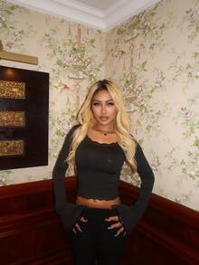 Bluzka z dzianiny w jednolitym kolorze z koronką i patchworkiem, odpowiednia na co dzień, do biura, na randkę, do uprawiania sportu i fitnessu, na jesień