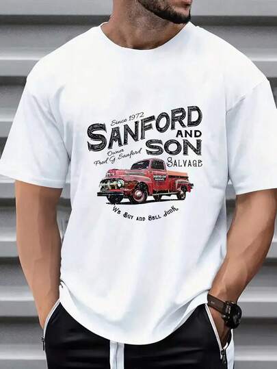 A High-Quality 100% Cotton Summer Men's T-Shirt With A Red Truck Print Pattern, Featuring A Retro Style And A Rugged Atmosphere, Effortlessly Creating A Nostalgic And Relaxed Outfit.