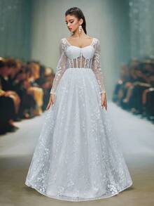 Anpoket New Arrival Square Neck Delicate Wedding Dress Embroidery Perspective Long Sleeve A-Line Dress - White - View 6