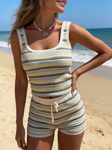 Conjunto de 2 piezas de top sin mangas acanalado y pantalones cortos de punto con cordón en la cintura, de estilo casual y versátil con rayas de colores, para primavera/verano - Multicolor - Ver 2