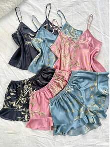 Women's V-Neck Small Cherry Print Comfortable And Sexy Camisole And Ruffled Shorts Pajama Set (6-Piece Set) - Multicolor - View 2