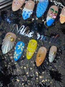 Bộ 10 móng tay acrylic hình hạnh nhân, màu xanh dương, vàng và mơ, mắt mèo bạc và nhuộm cam, kiểu Pháp xanh dương và vàng, họa tiết 3D 3D anh đào, bướm, sao và ngọc trai cùng các phụ kiện trang trí móng khác, chấm bi vẽ tay, gợn sóng nước và họa tiết hình học, bộ dụng cụ làm móng nghệ thuật phong cách Y2K, dụng cụ làm móng acrylic dành cho nữ hoặc bé gái, thích hợp cho các lễ hội, sử dụng hàng ngày, tụ họp, tiệc tùng (bao gồm: một miếng keo dán và một miếng dán ma sát). - Màu xanh lam - Xem 6