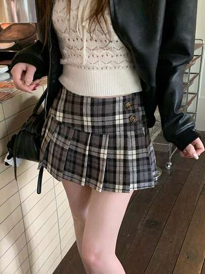 美式学院风撞色格纹低腰迷你百褶裙，适合娇小身材女性