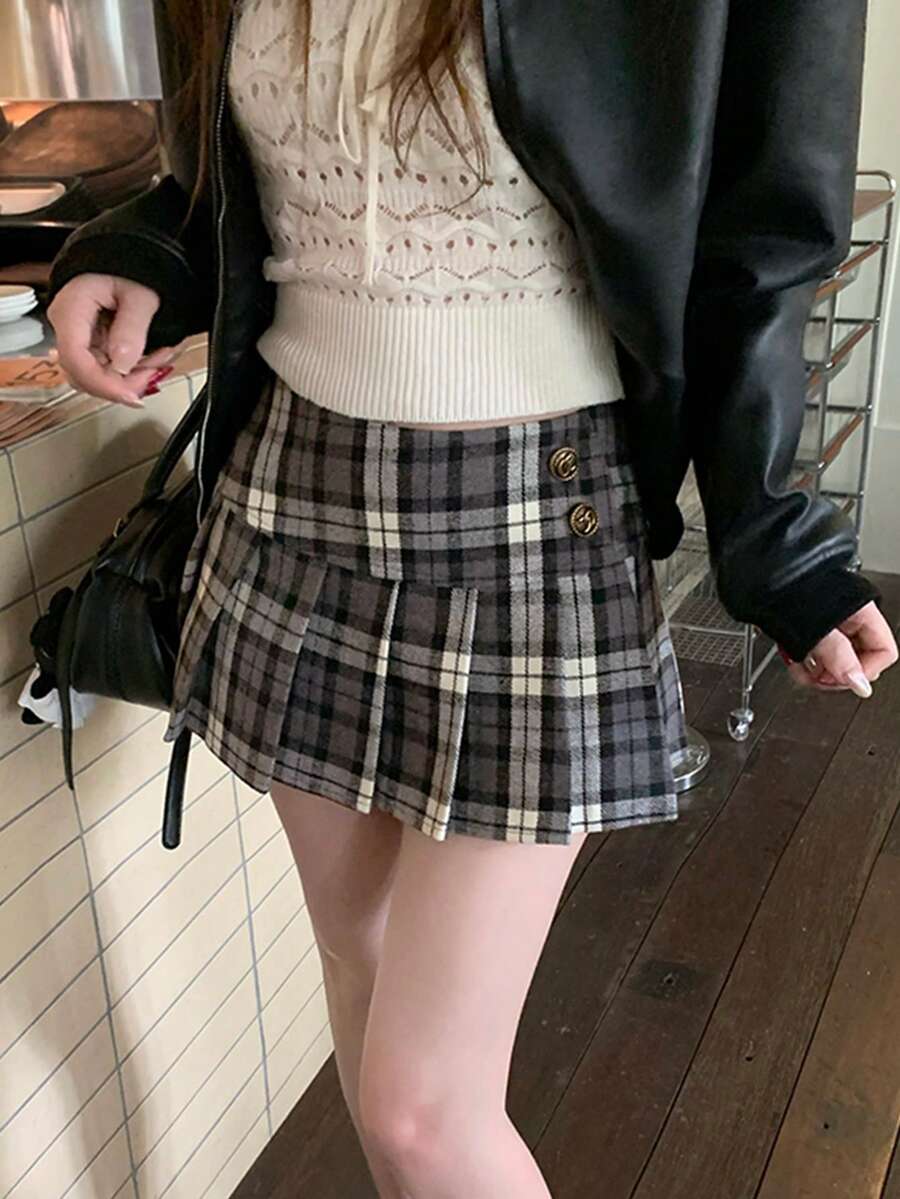 American College Style Contrast Plaid Low Waist Mini Pleated Skirt For Petite Women - Grey - View 1