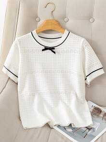 New Hollow Out Knitted Short Sleeve Top, Delicate Design, Youthful Style, Summer - White - View 1