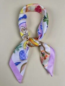 1pc Women's Elegant Satin Scarf With Lobster, Shrimp, Fruit, And Pasta Seafood Print, Neckerchief Hair Accessory - Multicolor - View 3