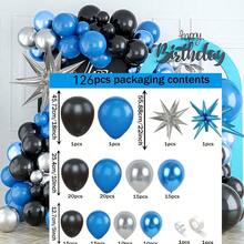 126套爆炸星球主题气球套装，包含哑光深蓝色气球、哑光黑色气球、金属银色气球、金属蓝色气球、蓝色爆炸星球气球、银色爆炸星球气球，可用于生日派对拱门、周年纪念拱门、派对装饰气球，适用于生日派对、周年纪念、订婚派对、婚礼派对等场合。 - 彩色 - 查看 4