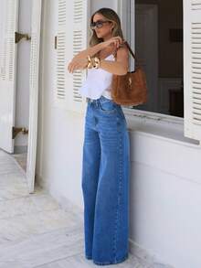 女士宽松休闲直筒牛仔裤，带口袋，简约水洗牛仔布，适合夏季穿着，也是万圣节必备单品 - 中藍色 - 查看 3