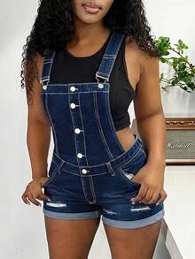 Women's Stretchy Slim-Fit Ripped Cuffed Denim Overalls, Casual Age-Reducing Jumpsuit - Rửa tối - Xem 2