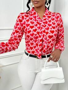 Women's Spring Summer Romantic Elegant Peach Heart Print V-Neck Streamer Detail Long-Sleeved Shirt Suitable For Dating, Office Wear (Random Printing) - Baby Pink - View 6