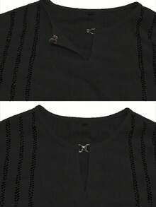 两件套女士休闲优雅竖条纹圆领短袖T恤和裤子套装，波西米亚风亚麻面料，返校季穿搭，完美休闲套装，时尚夏季上衣和裤子 - 淺藍色 - 查看 9