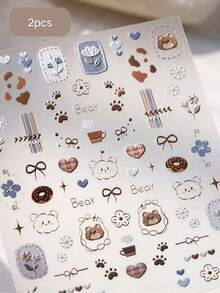 1张可爱卡通熊浮雕美甲贴纸，3D立体可爱泰迪熊DIY美甲贴花，带背胶