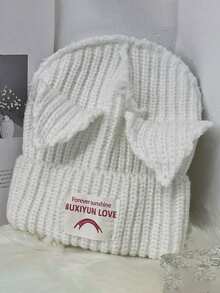 1 Peça Chapéu de Malha com Etiqueta de Tecido Desgastado e Decoração de Orelha Listrada da Moda Feminina, Quente para Looks de Outono/Inverno - Multicolorido - Visão 3