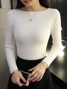 Suéter de punto para mujer, top cálido de manga larga, suéter moderno e informal, suéter de corte ajustado, varios colores disponibles - Blanco - Ver 1