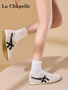 1 Pair La Chapelle Women's Thick Sole Lace-Up Soft Bottom Casual Shoes, Low-Top Outdoor Flat Shoes, Round Toe Low Heel Solid Color Elegant Soft Bottom Hiking Shoes Suitable For Students Taking Graduation Photos, Women Low-Top Leather Sports Skateboard Shoes - Beige - View 7