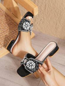 Fashionable New Women's Sandals, Strap Wide Toe Faux Pearl & Rhinestone Decor, Sexy Open Toe, Versatile Casual Low Heel Sandals For Summer - Black - View 3