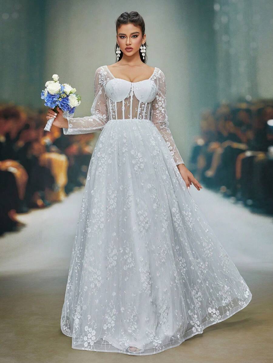 Anpoket New Arrival Square Neck Delicate Wedding Dress Embroidery Perspective Long Sleeve A-Line Dress - White - View 1