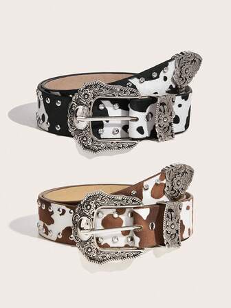 1pc Women's Waist Belt With Embossed Zebra Pattern Buckle, Rivet Decor, Retro American Style, Punk Personalized Design, Suitable For Jeans, Casual Wear