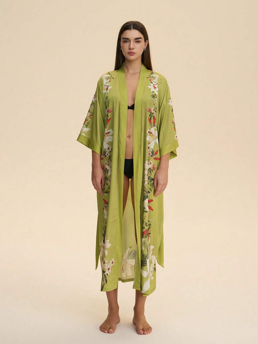 Cardigan kimono cu imprimeu midi, vintage, lejer, elegant, la modă artistică, stil midi, halat de baie casual cu curea, halat de baie pentru plajă de vară - Verde lime - Vizualizare 1