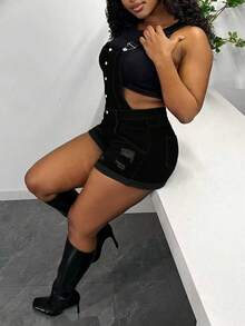 Women's Stretchy Slim-Fit Ripped Cuffed Denim Overalls, Casual Age-Reducing Jumpsuit - 黑色 - 查看 4