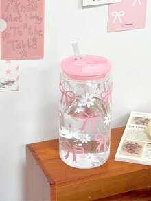 16oz Charming Pink Bow & Heart Pattern Glass Cup With Straw And Lid, Plastic Material, High Quality Reusable, Suitable For Juice, Coffee, Beer - Ideal Birthday Or Holiday Gift - Multicolor - View 6