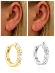 1 pieza Pendientes de circonita cúbica con diseño geométrico clásico de plata de ley 925, material de plata pura con bajo nivel de alergia, adecuado para uso diario, fiestas, aniversarios y otras ocasiones de las mujeres - grande y pequeño - Ver 2