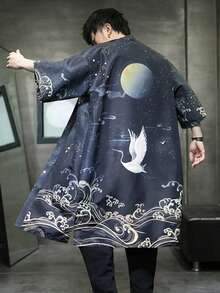 时尚薄款和服罩衫，仙鹤数码印花，适合春夏穿着，男女皆宜，休闲复古风，沙滩度假罩衫。 - 黑色 - 查看 3
