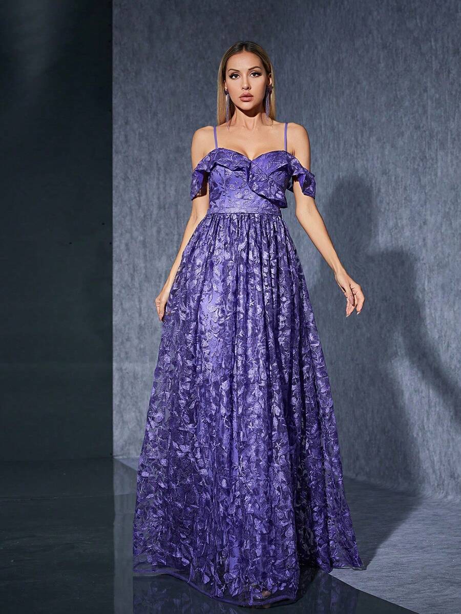 高端晚礼服，单肩设计，刺绣蕾丝，前开衩。优雅女士礼服 - 紫色 - 查看 1
