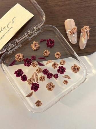 50 piezas de decoraciones de arte de uñas con rosas esculpidas suaves, mezcla de flores y hojas burdeos, decoración de uñas DIY para el Día de San Valentín
