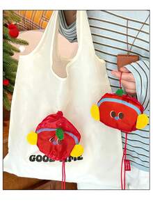 可折叠购物袋，苹果图案 - 大容量可重复使用手提袋，耐用涤纶材质，男女通用，通勤收纳袋，地球日、圣诞节、感恩节礼物，可爱包包，结实手柄设计