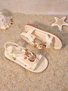 1 Pair Girls' Open Toe Sandals, Faux Pearl Flower Woven Strap Decor, PU Material, Soft & Easy To Wear, Low-Top Design, Closure, Flat Style, Delicate & Sweet, Suitable For Daily Wear And Holiday Occasions - Apricot - View 3